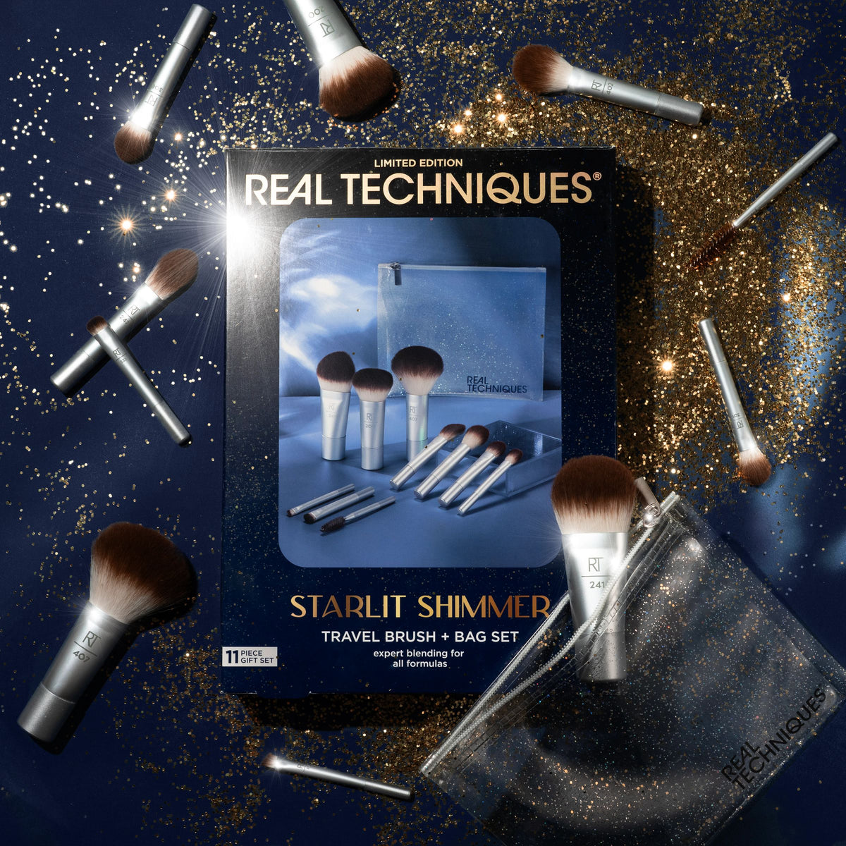 Real Techniques Starlit Shimmer Travel Brush + Bag Kit, 11 Piece
