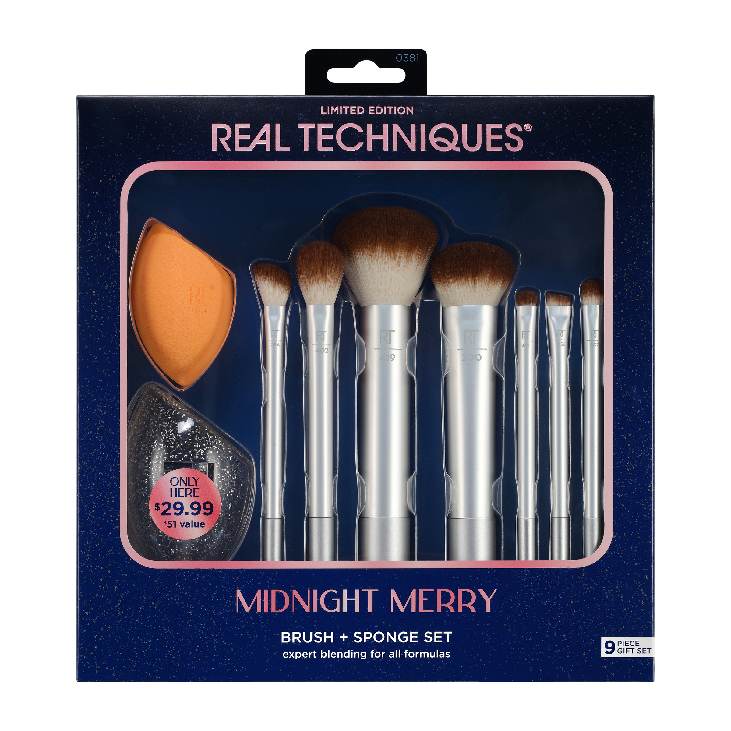 Real Techniques Midnight Merry Brush + Sponge Kit, 9 Piece Limited Real Techniques Midnight Merry Brush + Sponge Kit, 9 Piece Limited