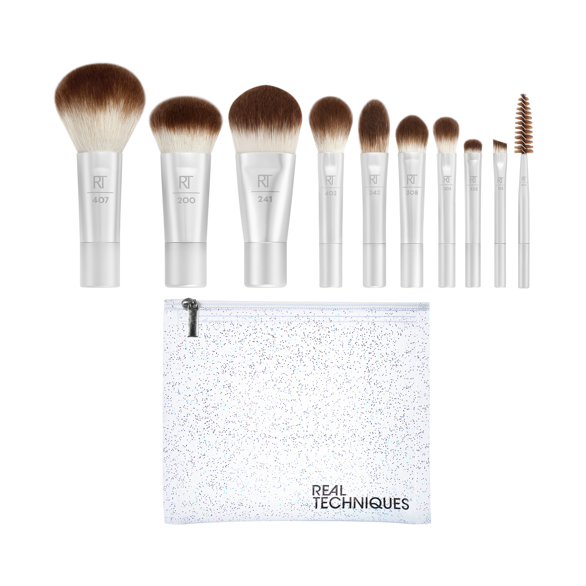 フルーリア　パウダー、リキッドセット Real Techniques Starlit Shimmer Travel Brush + Bag Kit, 11 Piece