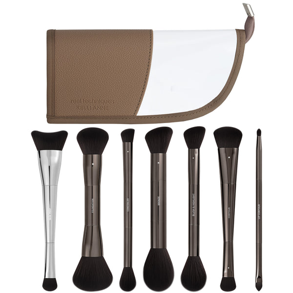 Travel makeup brush set with tan case and eight assorted brush heads