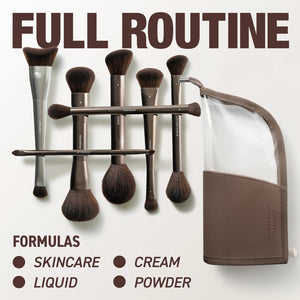 Makeup brushes arranged with a travel case and matching handle set