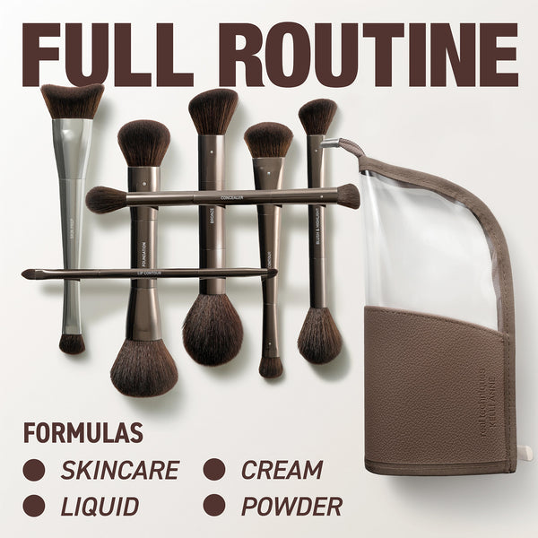 Makeup brushes arranged with a travel case and matching handle set