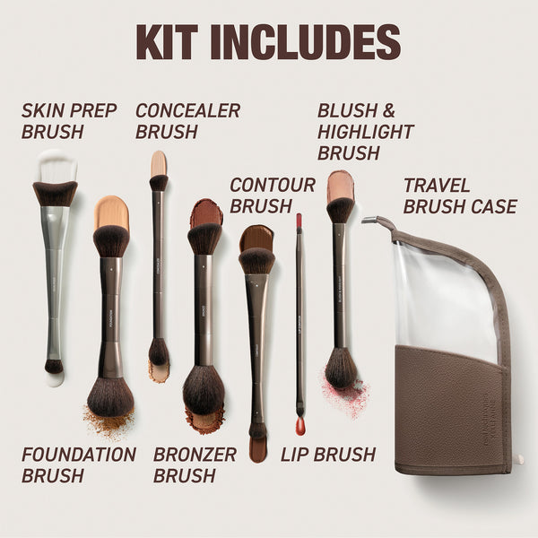 Assorted makeup brushes and travel case laid out as a complete kit