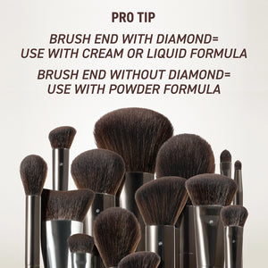 Close-up of assorted fluffy makeup brushes with black and silver handles