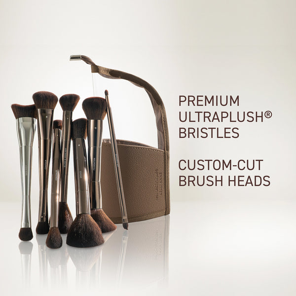 Makeup brush set with plush bristles and tan travel case