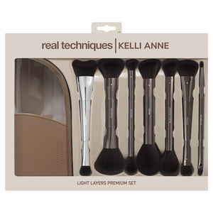 Boxed Kelli Anne brush set featuring a tan case and multiple makeup brushes