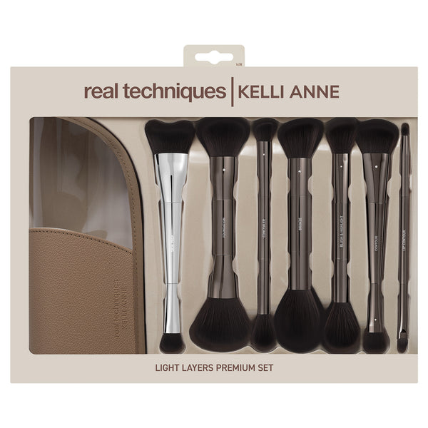 Boxed Kelli Anne brush set featuring a tan case and multiple makeup brushes
