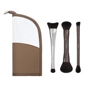 Light layers base brush set with three face brushes and matching tan travel case