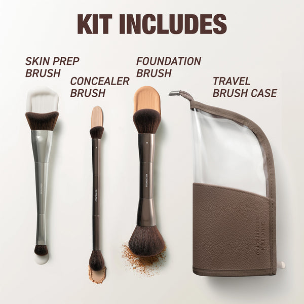 Three makeup brushes with a brown travel brush case included