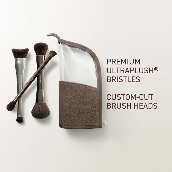 Makeup brush set with plush bristles and brown custom-cut brush case