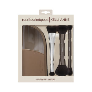 Brush set packaging with four face brushes and a tan brush case