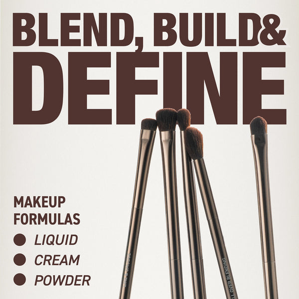Makeup brush set with five brushes, dark bristles on silver-gray handles against white.