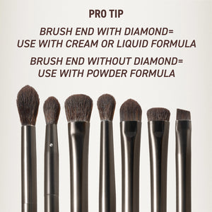 Makeup brush set brush heads close-up, rounded bristles on silver-gray handles.