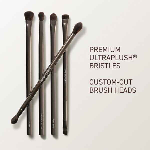 Makeup brush set with five brushes, plush bristles and metallic gray handles.