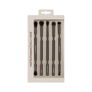 Makeup brush set in retail box, five brushes with dark bristles and gray handles.