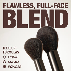 Powder brush with dark bristles and silver handle, shown from front