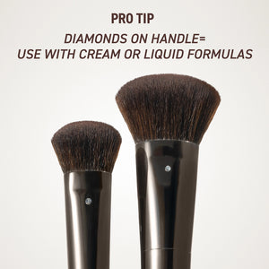 Two makeup brushes with black bristles and glossy silver-tone handles.