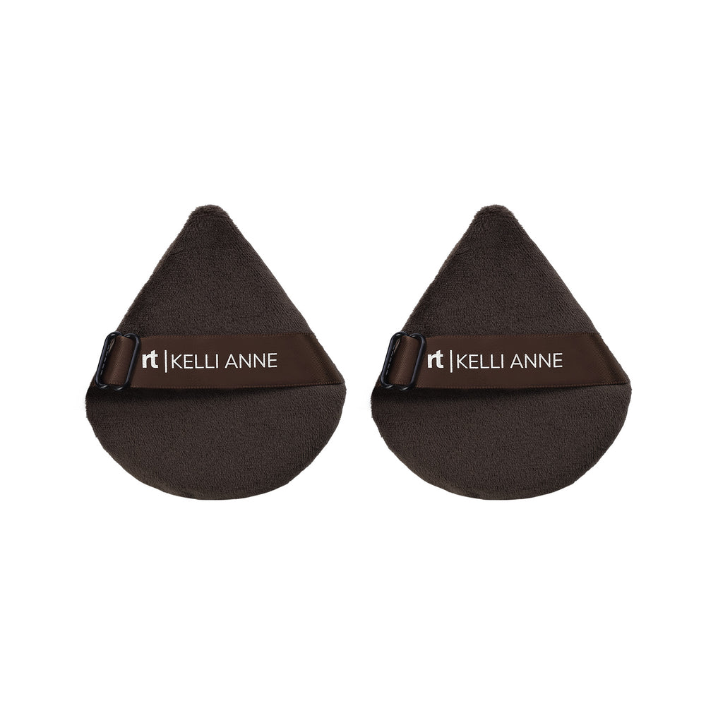 Pair of dark adjustable powder puffs with finger bands and logo label