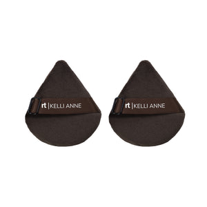 Pair of dark adjustable powder puffs with finger bands and logo label