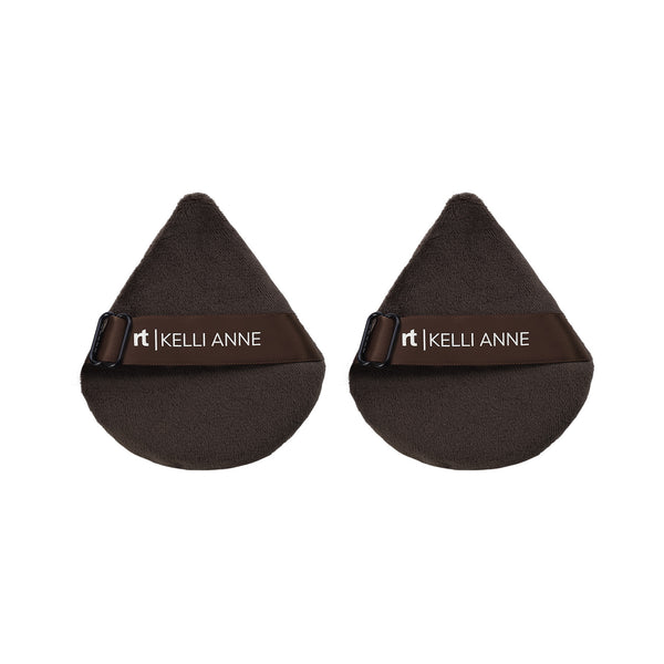 Pair of dark adjustable powder puffs with finger bands and logo label