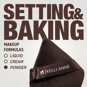 Dark powder puff with adjustable band for pressing and setting makeup