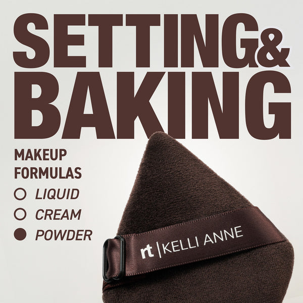 Dark powder puff with adjustable band for pressing and setting makeup