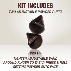 Two adjustable powder puffs with finger-tightening bands for setting makeup powder