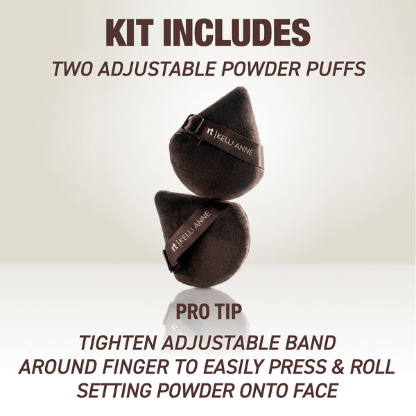 Two adjustable powder puffs with finger-tightening bands for setting makeup powder