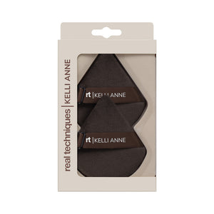 Adjustable powder puff 2-pack in box packaging with two dark puffs