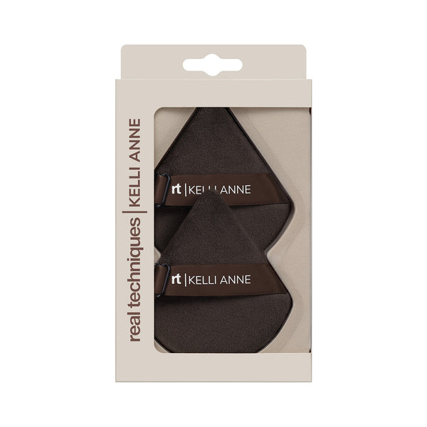 Adjustable powder puff 2-pack in box packaging with two dark puffs